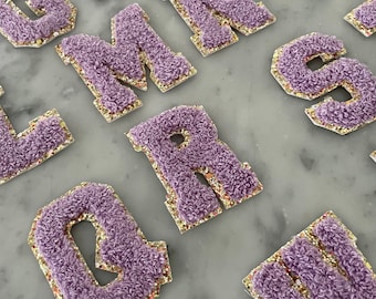 2.36 inch SELF ADHESIVE lilac/light purple chenille letters with gold trim great for personalization, jackets, bags and clothing