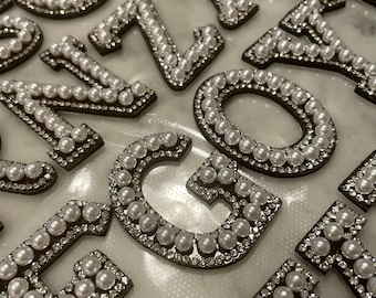 self adhesive pearl lettering with BLACK background and crystal trim great for cometic pouches jackets DIY