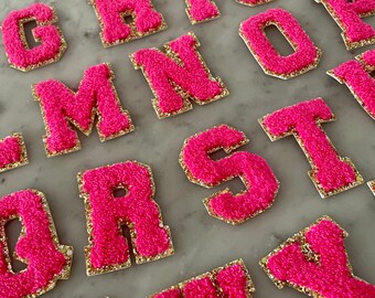 2.36 inch SELF ADHESIVE bright pink chenille letters with gold trim great for personalization, jackets, bags and clothing