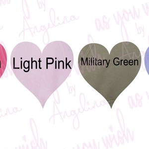 May include: Four heart-shaped designs in shades of pink, green, and purple. Each heart contains a color name in black text: "Heliconia," "Light Pink," "Military Green," and "Violet." The background is white with cursive text.