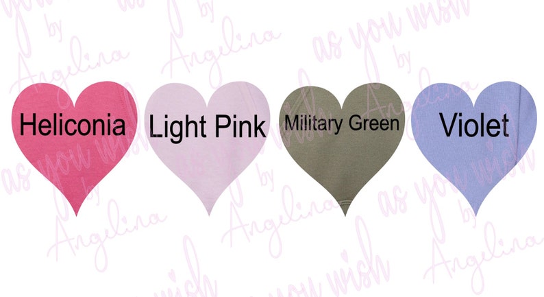 May include: Four heart-shaped designs in shades of pink, green, and purple. Each heart contains a color name in black text: "Heliconia," "Light Pink," "Military Green," and "Violet." The background is white with cursive text.