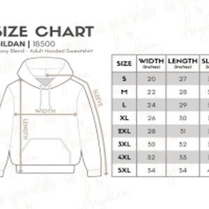 May include: Size chart for a Gildan 18500 heavy blend adult hooded sweatshirt. The chart shows measurements in inches for width, length, and sleeve length for sizes S through 5XL. The width ranges from 20 to 34 inches.