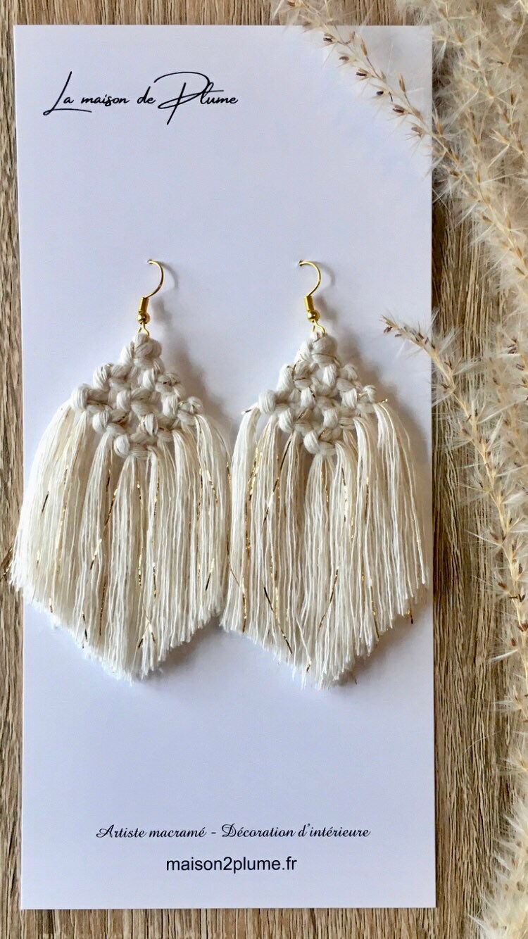 Boucle d'oreilles en Macramé Coloris Beige Doré