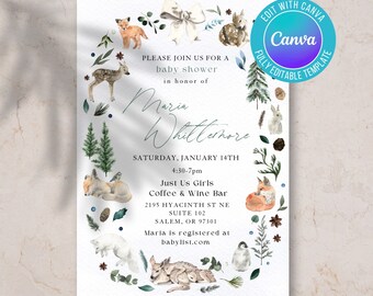 May include: A baby shower invitation with a watercolor woodland theme. The invitation features a white background with a wreath of watercolor animals, plants, and a white bow. The text reads "Please join us for a baby shower in honor of Maria Whittemore, Saturday, January 14th, 4:30-7pm, Just Us Girls Coffee & Wine Bar, 2195 Hyacinth St NE, Suite 102, Salem, OR 97301, Maria is registered at babylist.com".