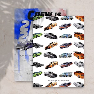 May include: A white background with a repeating pattern of colorful cartoon cars. The text "CREW IS 2 FAST 2 FURIOUS" is at the top of the image. The text "BERGENN DESIGN CO." is at the bottom of the image.