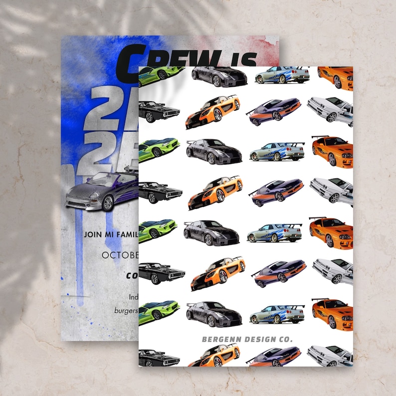 May include: A white background with a repeating pattern of colorful cartoon cars. The text "CREW IS 2 FAST 2 FURIOUS" is at the top of the image. The text "BERGENN DESIGN CO." is at the bottom of the image.