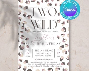 Invitación de cumpleaños con estampado de leopardo digital, dos cumpleaños salvajes, una invitación salvaje, invitación de cumpleaños salvaje, invitación de cumpleaños de niña, invitación de cumpleaños salvaje