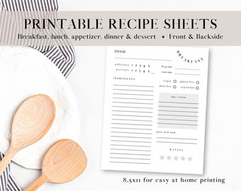 Hojas de recetas imprimibles digitales, tarjetas de recetas, tarjetas de recetas imprimibles, tarjeta de recetas minimalista, tarjetas de recetas modernas