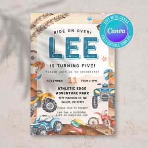 May include: A birthday party invitation for a boy named Lee turning five. The invitation features a watercolor illustration of off-road vehicles and stars on a light brown background. The text "RIDE ON OVER!" is in blue and white. The text "LEE IS TURNING FIVE!" is in blue and white. The text "Please join us to celebrate!" is in black. The text "NOVEMBER 11 FROM 2-4PM" is in black. The text "ATHLETIC EDGE ADVENTURE PARK 1379 MADISON ST. NE SALEM, OR 97301" is in black. The text "please rsvp to bergenn Lee has a birthday list on babylist.com" is in black.