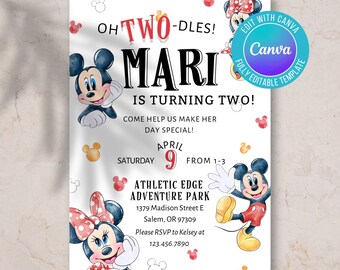 Digital Mickey Mouse invite, Minnie Mouse invite, Mickey Mouse theme, Minnie Mouse birthday, girl birthday, boy birthday, oh twodles invite