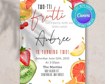 May include: A colorful invitation for a two-year-old's birthday party with a fruit theme. The invitation features a watercolor illustration of various fruits, including strawberries, kiwi, peaches, and oranges. The text reads "Two-tti Frutti" and "Aubree is turning two!" with the date and time of the party. The invitation also includes the address of the party location.