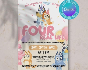 Invitación de cumpleaños, cuatro vidas reales, invitación de niña, invitación de perro azul, bingo