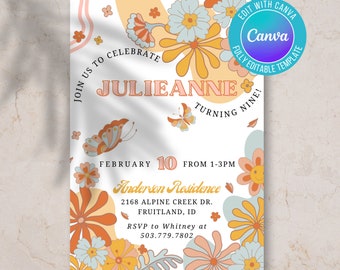 Invitación floral digital, invitación floral divertida, invitación femenina, cumpleaños femenino divertido, cumpleaños de los 70, invitación de los 70, flores divertidas, invitación elegante