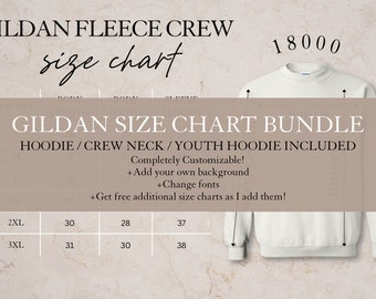 Instant download Gildan Size Chart, hoodie size chart, crew neck size chart, youth size chart, editable size chart