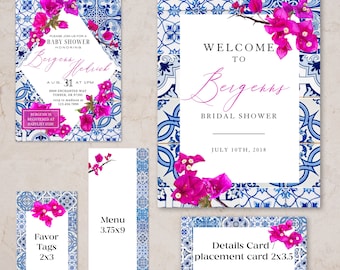 Paquete digital de despedida de soltera griega, paquete de baby shower griego, despedida de soltera griega, baby shower griego, invitación con buganvillas