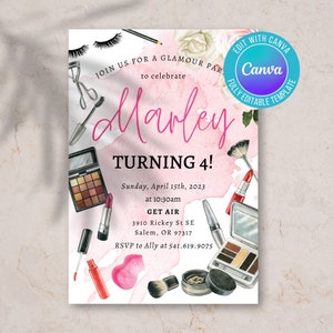 May include: Pink and white printable invitation with makeup themed graphics. The invitation says "Join us for a glamour party to celebrate Marley turning 4!"  Sunday, April 15th, 2023 at 10:30am. Get Air 3910 Rickey St SE Salem, OR 97317 RSVP to Ally at 541.619.9075.