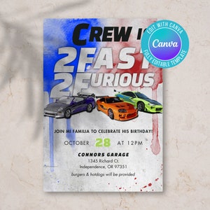 Digital two fast two furious invite, 2 fast 2 furious, two fast two curious, fast car theme, 2nd birthday invite, second birthday