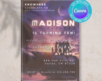 Invitación de cumpleaños de galaxia digital, invitación espacial, invitación de cumpleaños de los guardianes, invitación de cumpleaños