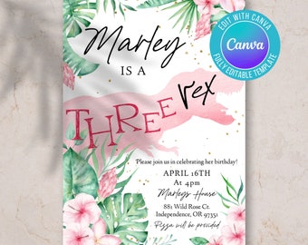Digital girl three rex birthday invitation, three Rex birthday, dinosaur birthday, Dino, three rex