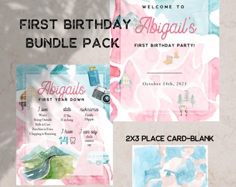 Paquete de fiesta de cumpleaños digital, primer cumpleaños, una campista feliz, invitación de cumpleaños de niña, cartel de bienvenida, rastreador de hitos