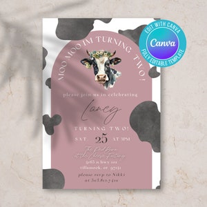 Digital cow birthday invitation, moo moo im turning two, cow first birthday invite, farm birthday invite, holy cow invite
