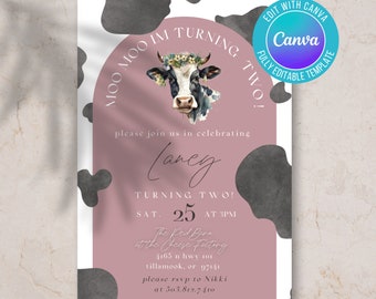 Invitación de cumpleaños de vaca digital, muuu, cumplo dos años, invitación al primer cumpleaños de la vaca, invitación de cumpleaños de la granja, invitación de la vaca sagrada