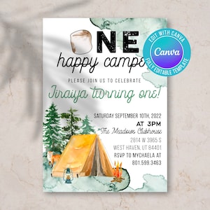 Digital first birthday one happy camper invitation, first birthday invite, happy camper, camping invite, outdoor invite