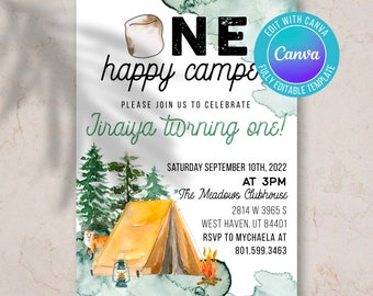 Digital first birthday one happy camper invitation, first birthday invite, happy camper, camping invite, outdoor invite