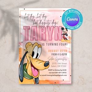 May include: A birthday invitation featuring a cartoon dog and mouse. The invitation is for a girl named Taryn who is turning four. The invitation is decorated with a watercolor background and the text "hot dog, hot dog, hot diggity dog!" The invitation includes the date, time, and location of the party. The text "RSVP to Kelsey by 8/20 via text 541-971-2972 or email truong.kelsey@gmail.com" is also included.