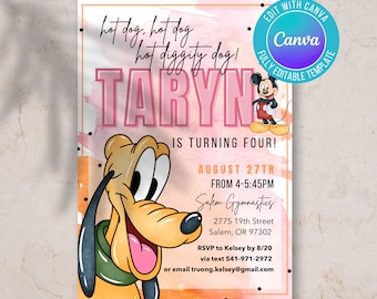 Invitación digital de Mickey Mouse, invitación de Pluto, temática de Mickey Mouse, cumpleaños, cumpleaños de niña, hot diggity dog, Mickey Mouse Clubhouse