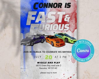 Invitación digital de Rápido y Furioso, cumpleaños de Rápido y Furioso, dos rápidos dos furiosos, 2 rápidos 2 furiosos, dos rápidos dos curiosos, tema de auto rápido