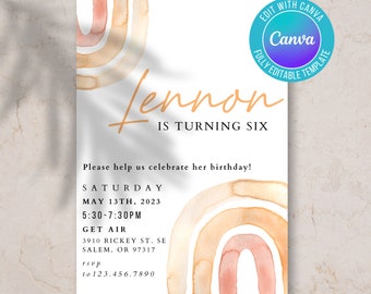 Invitación de cumpleaños digital para niña, arcoíris moderno, invitación de cumpleaños para niña moderna, tema de arcoíris, invitación de cumpleaños de arcoíris, tema de cumpleaños de arcoíris