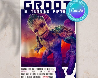 Invitación de cumpleaños de galaxia digital, invitación espacial, invitación de cumpleaños de los guardianes, invitación de cumpleaños, groot