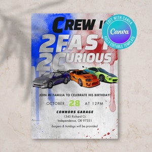 May include: A birthday party invitation with a watercolor background in shades of blue, red, and white. The text "Crew 2 Fast 2 Curious" is in black and white. The invitation includes the date "October 28" and the time "12PM". The invitation also includes the location "Connors Garage" and the address "1345 Richard Ct., Independence, OR 97351".