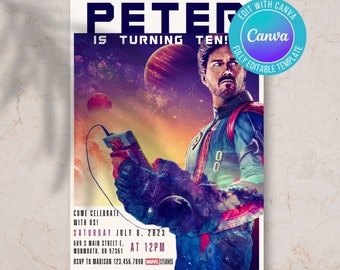 Invitación de cumpleaños de galaxia digital, invitación espacial, invitación de cumpleaños de los guardianes, invitación de cumpleaños, Peter Quill