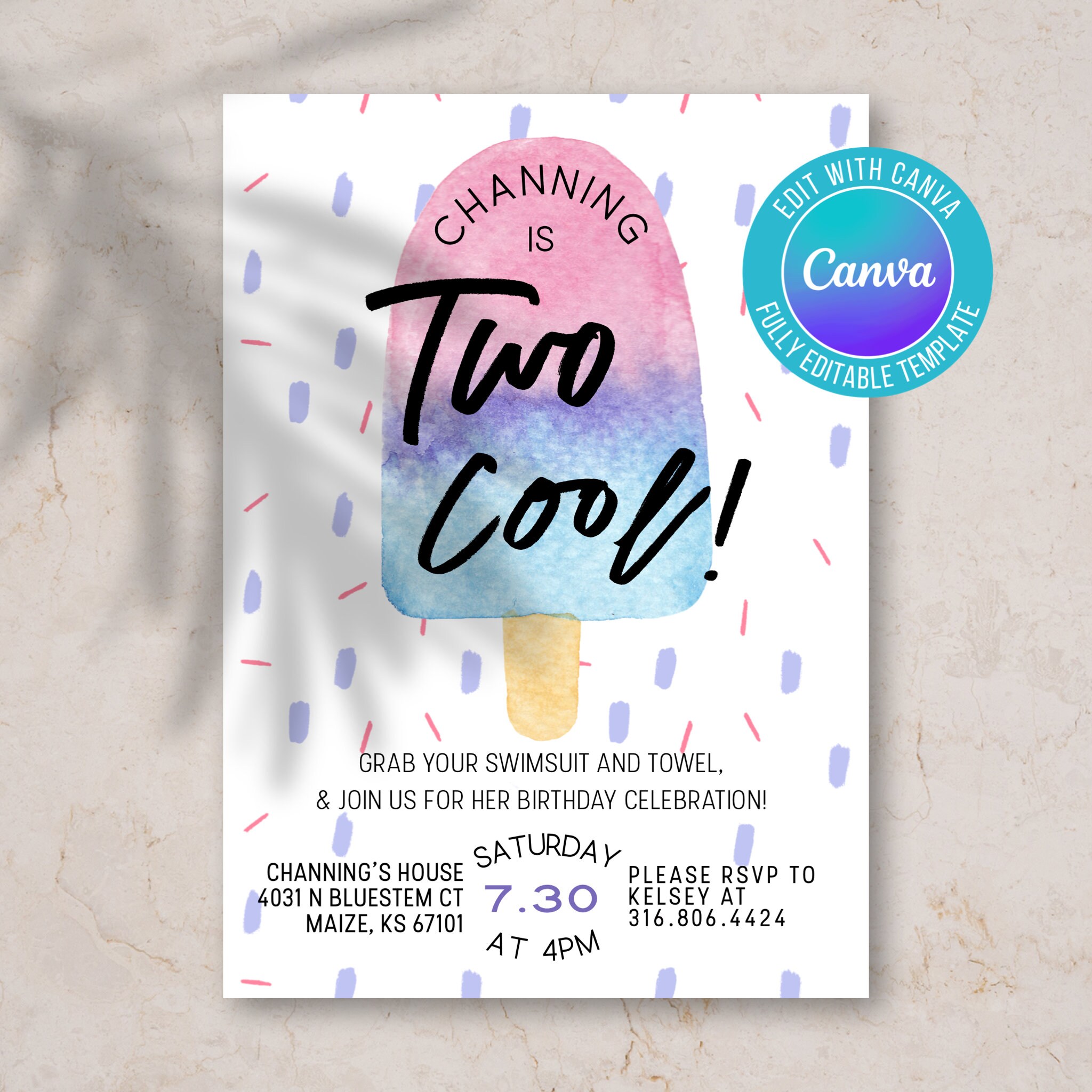 Digital birthday invite summer girl birthday popsicle two cool invitation cotton candy colors