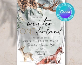 Digital winter onederland first birthday invitation, first birthday invite, winter wonderland, woodland animals, first birthday