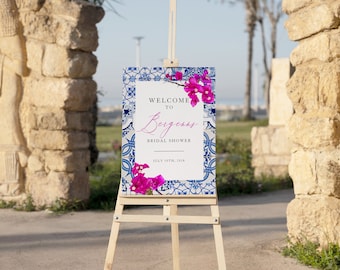 Letrero de bienvenida griego digital, buganvillas, fiesta de estilo griego, letrero de bienvenida, baby shower, despedida de soltera, letrero de bienvenida con azulejos azules