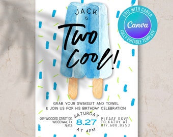 Digital boy summer popsicle birthday invite two cool blue neon green editable invite
