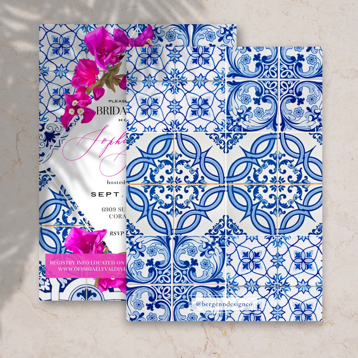 Digital Greek Bridal Shower Invite Bougainvillea Blue Tile Etsy