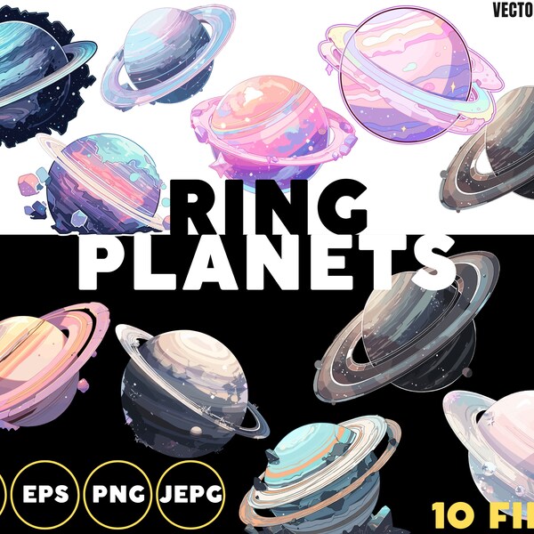 Ringed Planets Clipart Set Bundle | Outer Space | Solar System | Ring Planet | Decal | Crafting Stickers | Space Themed | SVG | Vector | PNG