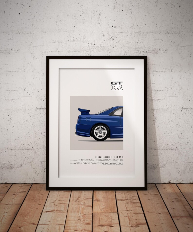 Nissan Skyline R34 GT-R Bayside Blue (rear) - Classic Car Illustration ...