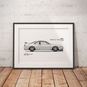 Nissan Skyline 97 R33 GTR V-Spec (white) - Classic Car Illustration - printable art