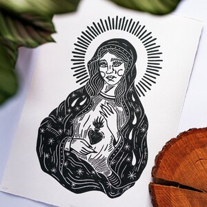Original handcarved Linocut print &quot;MARY&quot; on handmade paper A3
