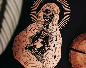 Original handcarved Linocut print "MARY" in GOLD on BLACK paper A3