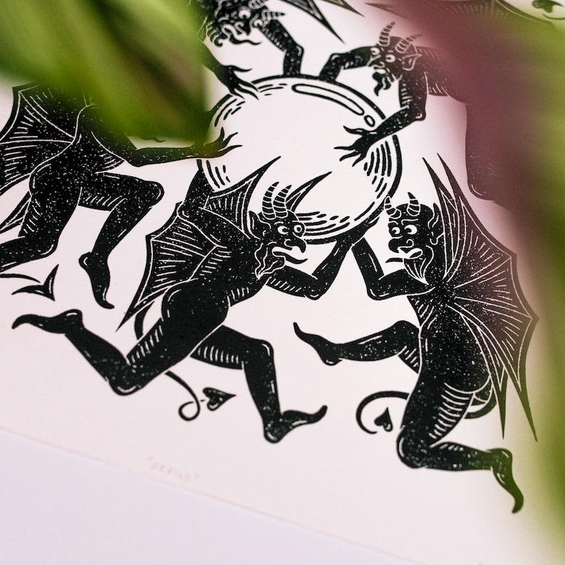 Original Handcarved Linocut Print devils on Handmade Paper 30x30cm Etsy