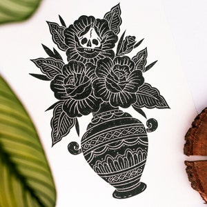 Original handcarved Linocut print &quot;VASE&quot; on handmade paper A3