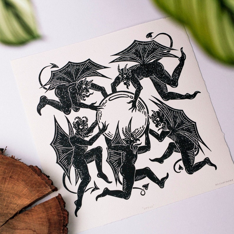 Original Handcarved Linocut Print devils on Handmade Paper 30x30cm Etsy
