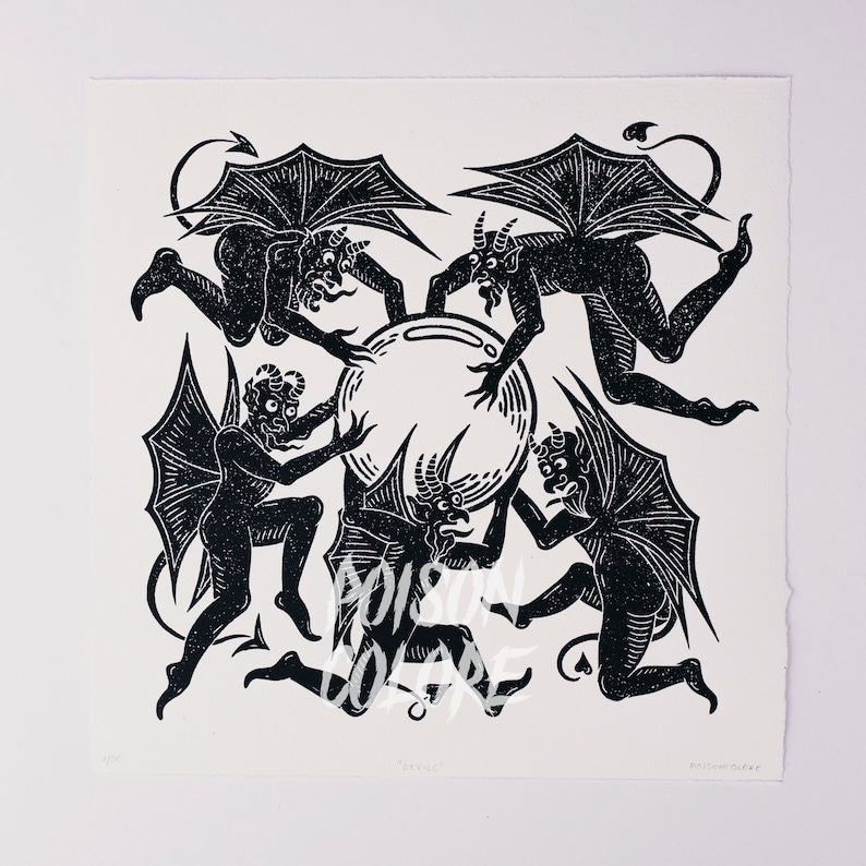 Original Handcarved Linocut Print devils on Handmade Paper 30x30cm Etsy