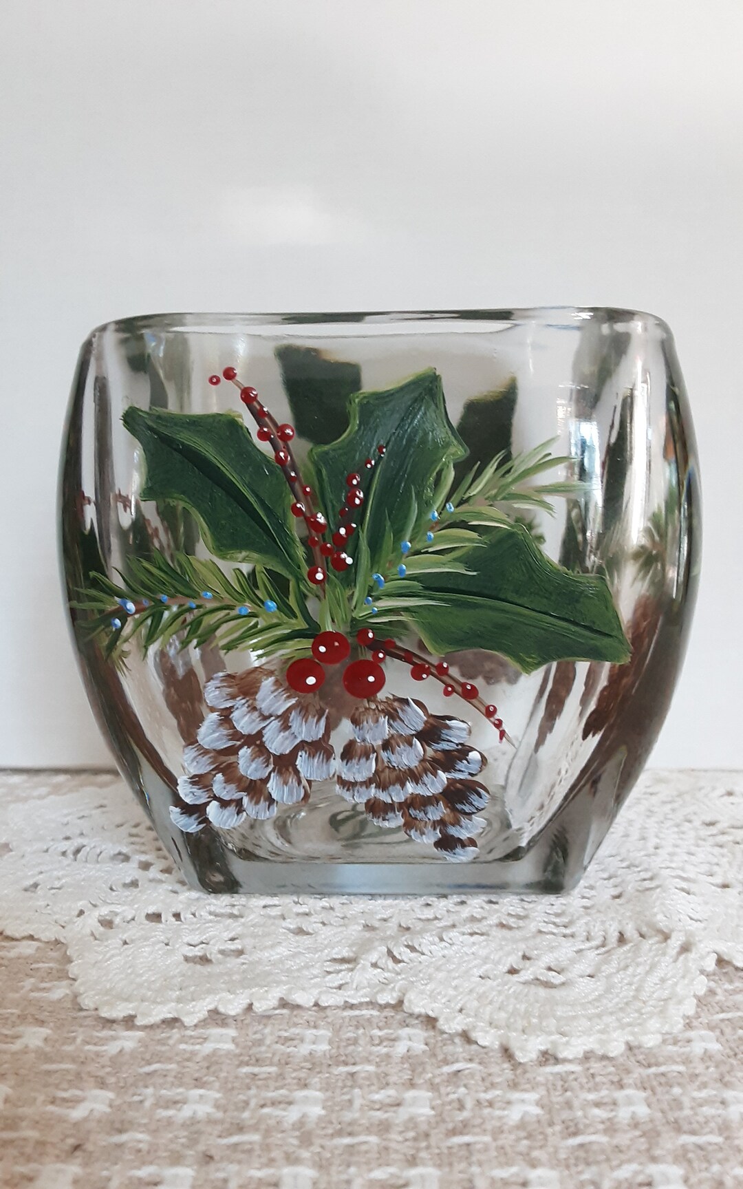 Heavy Candle Holder or Candy Dish. Holly and Pinecones. Hand Etsy